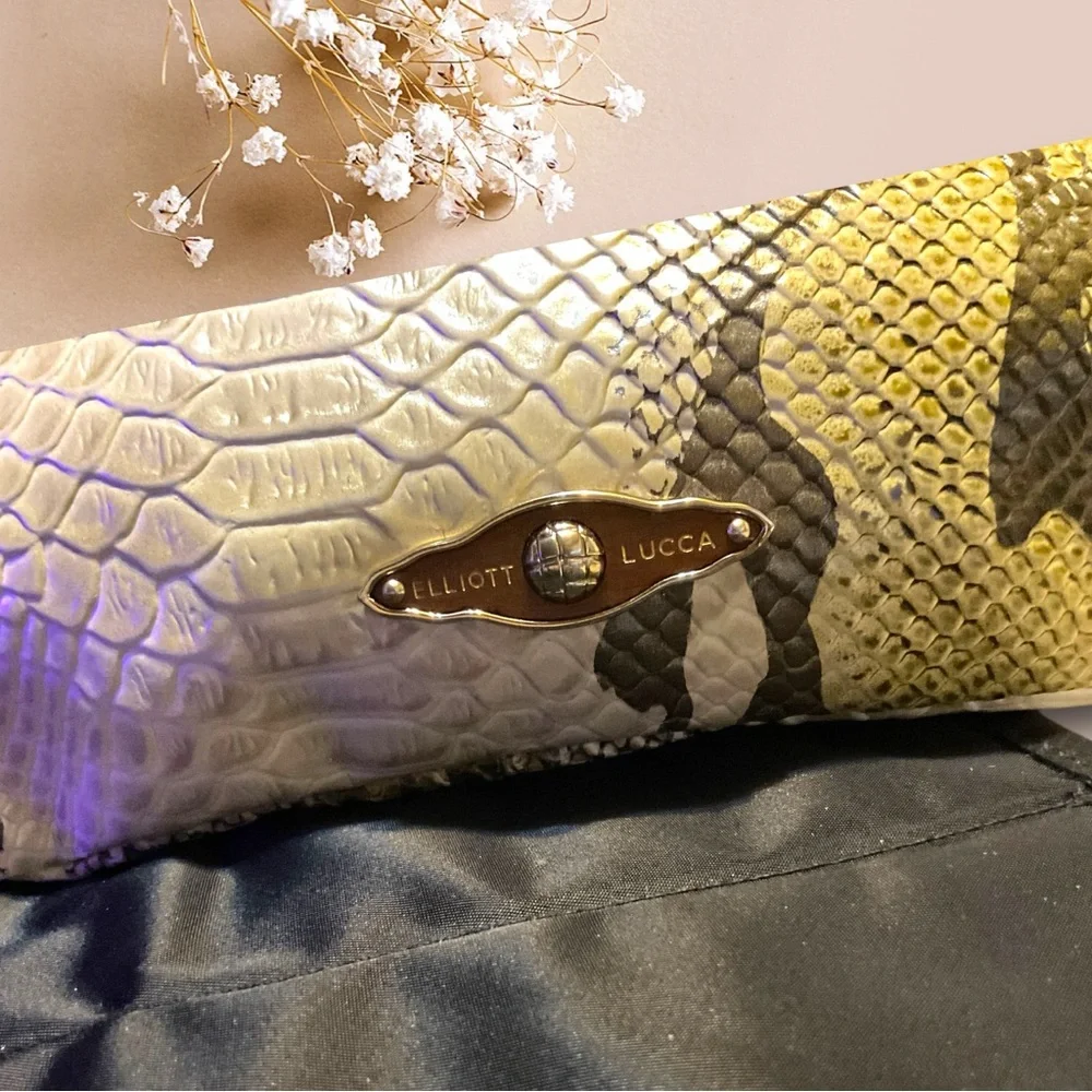 Elliott Lucca Tan and Brown Snake Skin Clutch